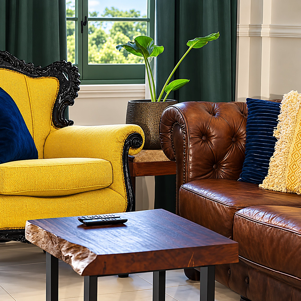 Zithoek met gele fauteuil en bruine leren bank
