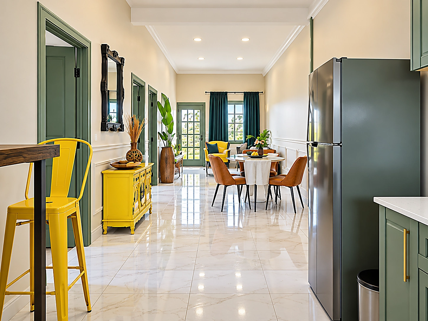 Eet- en keukenruimte van het appartement met gele accenten